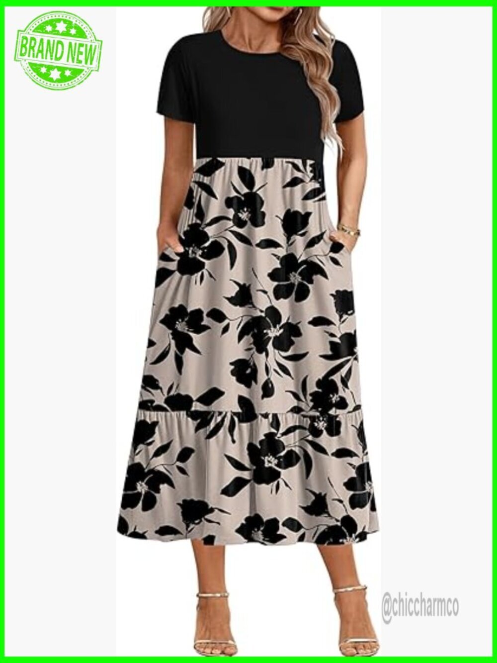 Plus Size Short Sleeve Maxi Dress with Pockets Tiered Flowy - Picture 1 of 7